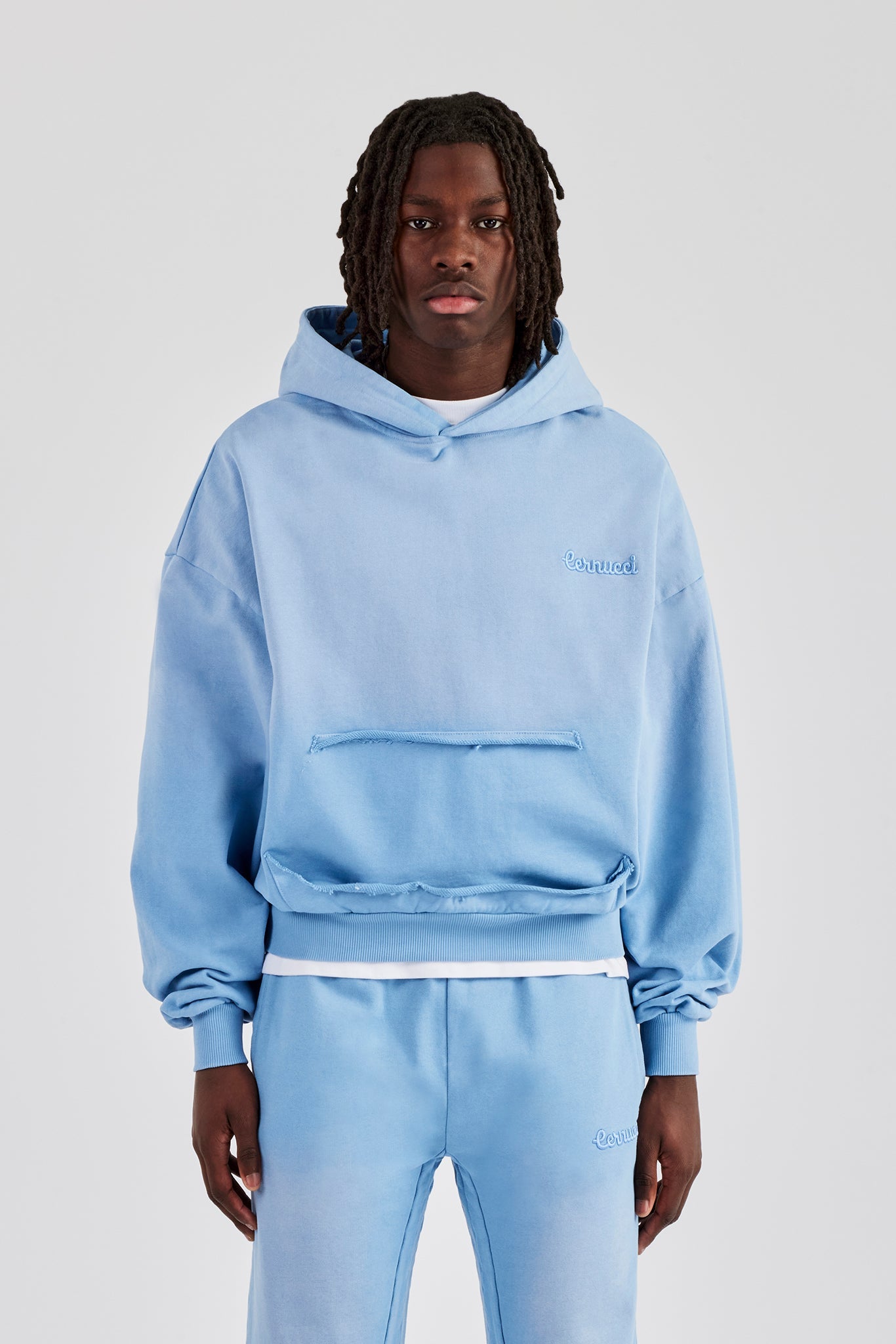 Washed Boxy Raw Edge Pocket Hooded Tracksuit - Blue